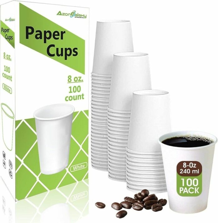 100 X 8oz Paper Cups, 270ml White Disposable Cups, Eco Friendly Paper Cups For Hot and Cold Drinks, Premium Disposable Coffee Cups for Your Home, Office, Café, Work, Parties or Outdoors
