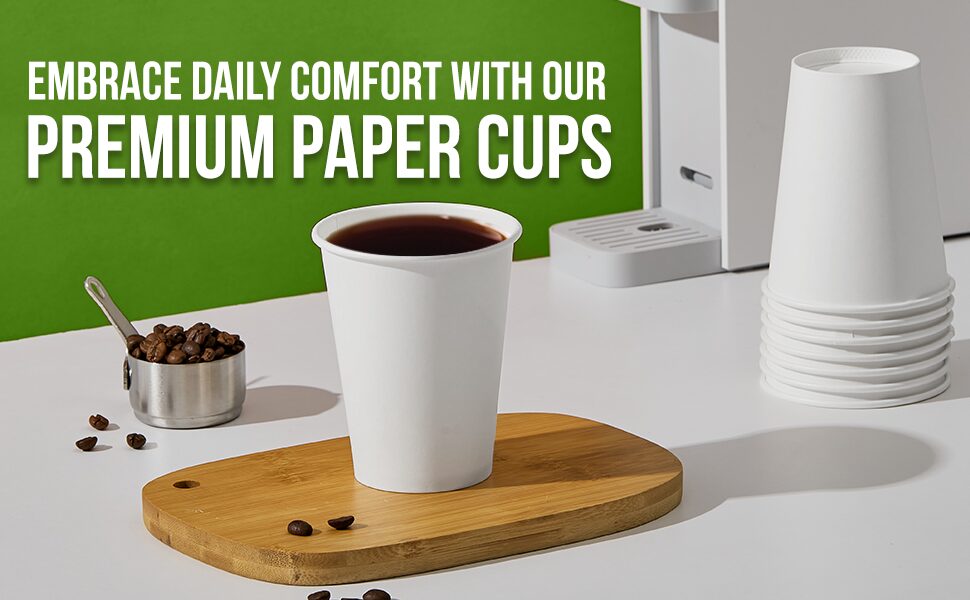 100 X 12oz Paper Cups, 350ml White Disposable Cups, Eco Friendly Paper Cups For Hot and Cold Drinks, Premium Disposable Coffee Cups for Your Home, Office, Café, Work, Parties or Outdoors