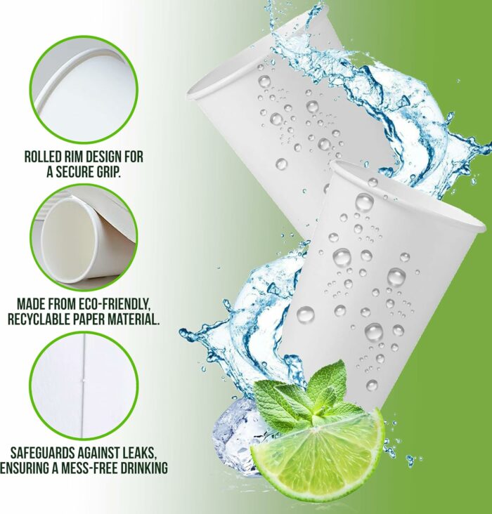 100 X 8oz Paper Cups, 270ml White Disposable Cups, Eco Friendly Paper Cups For Hot and Cold Drinks, Premium Disposable Coffee Cups for Your Home, Office, Café, Work, Parties or Outdoors