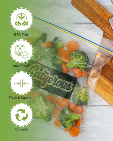 A zip lock bag of broccoli and carrots on a cutting board